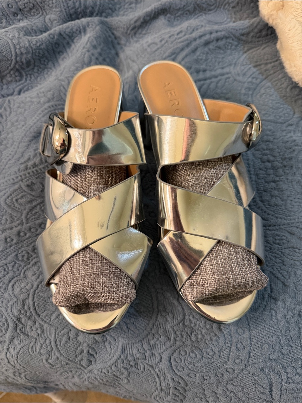 AEROSOLES Metallic Silver Crisscross Buckle Slide Mules style is Collin